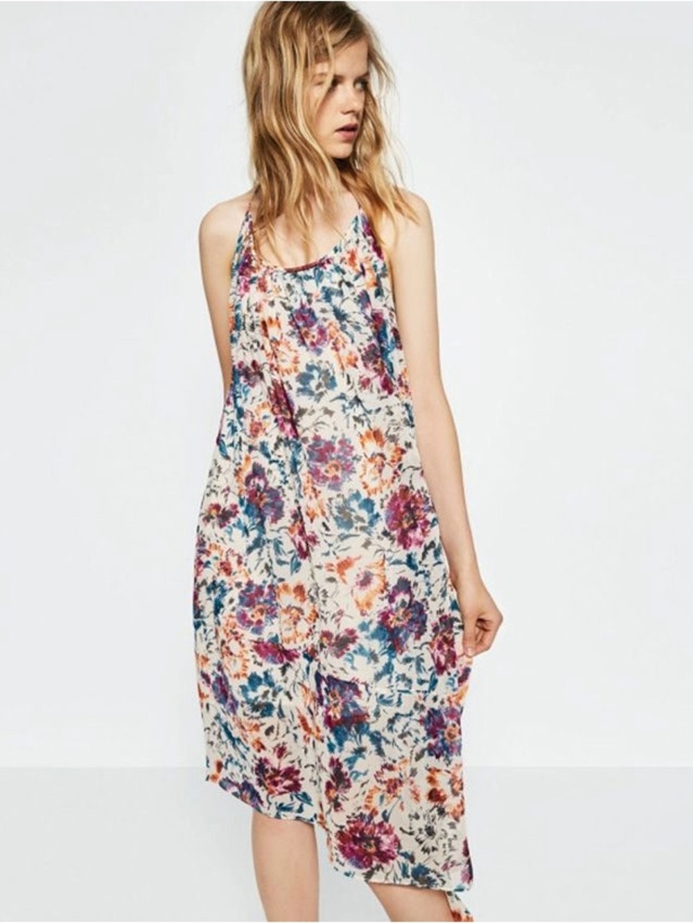 ZARA | Floral Sleeveless Slip Dress in Cream with Multicolor Blooms